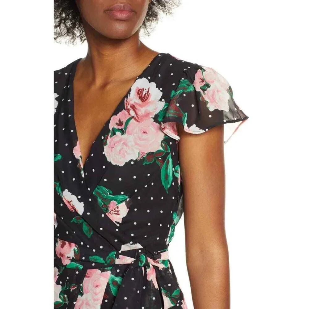 Julia Jordan Faux Wrap Dress Black Dots Pink Floral High Low Chiffon SZ 6 NWT - Picture 4 of 6